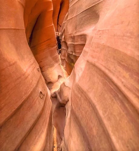 A twisting orange slot canyon trail is seen from a unique vantage point