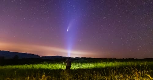 A man stands in a flower-filled meadow with a light shining towards a starry night sky as Comet Neowise passes over the mountain range in Northern Utah