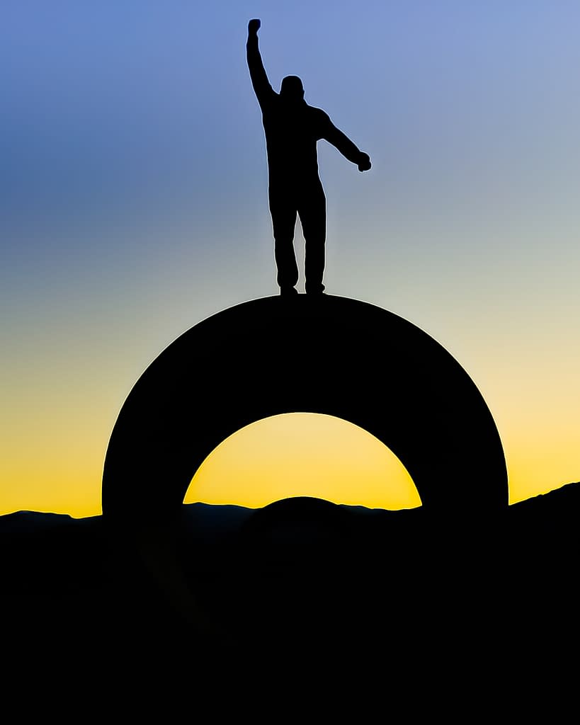 The shadow of a human figure portrays a man jumping towards the sky at sunset in front of a mountain range in the Great Basin Desert in Lucin, Utah, while standing on a piece of art known as The Sun Tunnels.