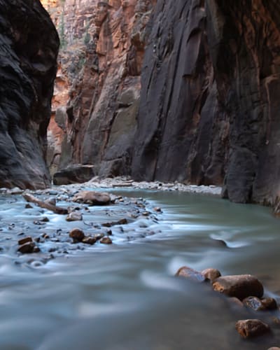 A river winds around a curve in a canyon with steep rock walls at Zion National Park.